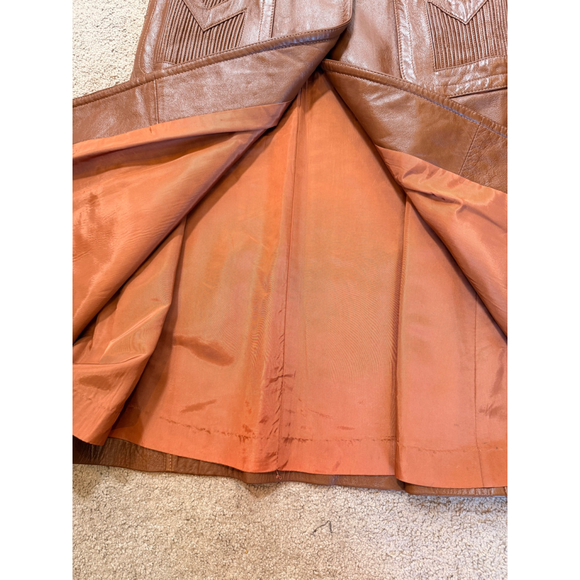 Vintage 70s Caramel Brown Genuine Leather Long Coat Women's Trench Retro 12 Edgy - Picture 16 of 16